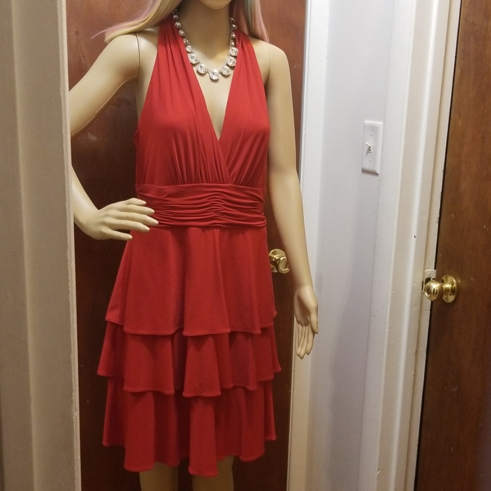 EVAN PICONE RED RUFFLED DRESS SZ 14P SLEEVELESS